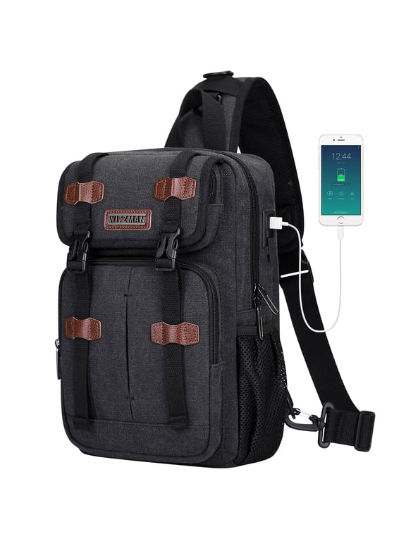 Sling Bag for Men Canvas Large Chest Bags Crossbody Bag with USB Charging Port for Travel Daily Work(A8019 Black)