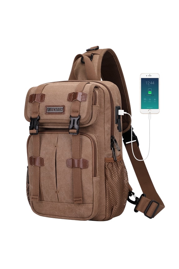 Sling Bag for Men Canvas Large Chest Bags Crossbody Bag with USB Charging Port for Travel Daily Work(A8019 Brown)
