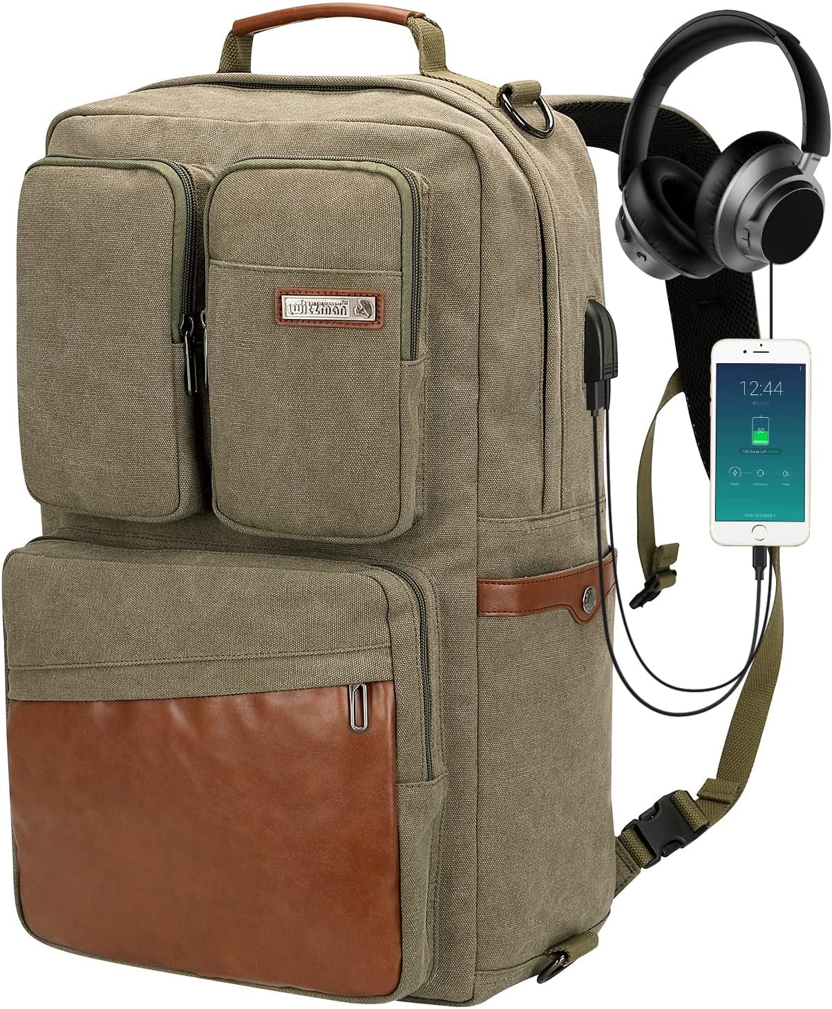 WITZMAN Vintage Canvas Duffel Backpack with USB Charging Port Unisex Large Luggage Bag for