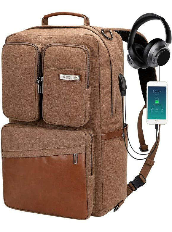 WITZMAN Vintage Canvas Duffel Backpack with USB Charging Port Unisex Large Luggage Bag for Travel 6617 Brown