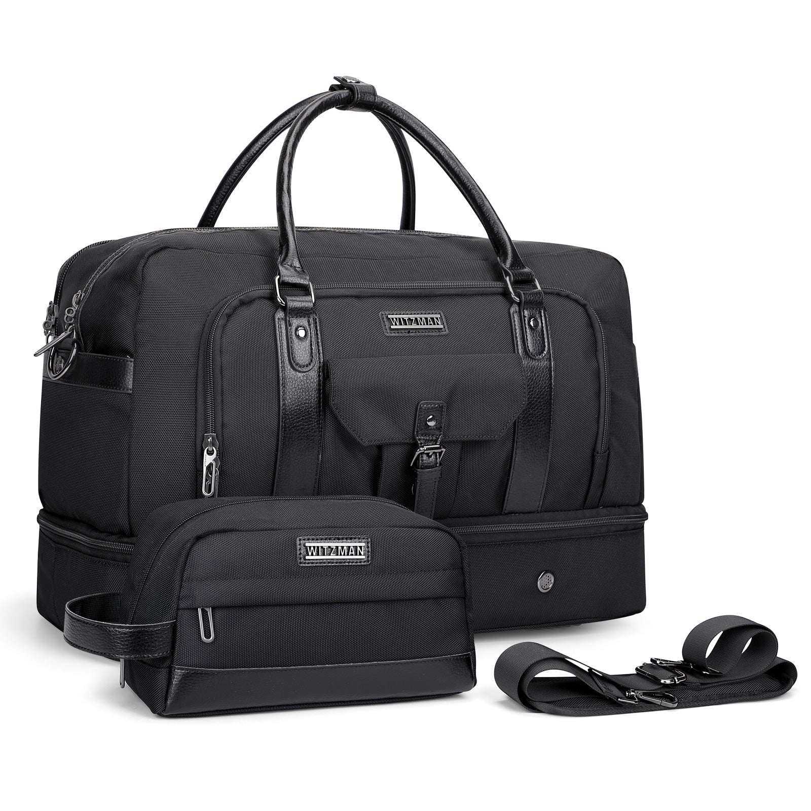 WITZMAN Weekender Bags for Men Women Carry on Duffle Overnight Bag with Toiletry Bag Sets Travel Duffel Bag Shoes Compartment（B694 Black）