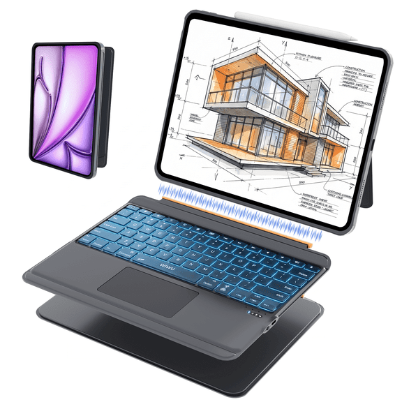 WIWU Keyboard Case for iPad Air 13 Inch 3 in 1 Magnetic Detachable Case Keyboard Adjustable Stand 7 Colours Backlit Keys with Trackpad for iPad Air 13"M3/M2 iPad Pro 12.9 6/5/4/3 Gen