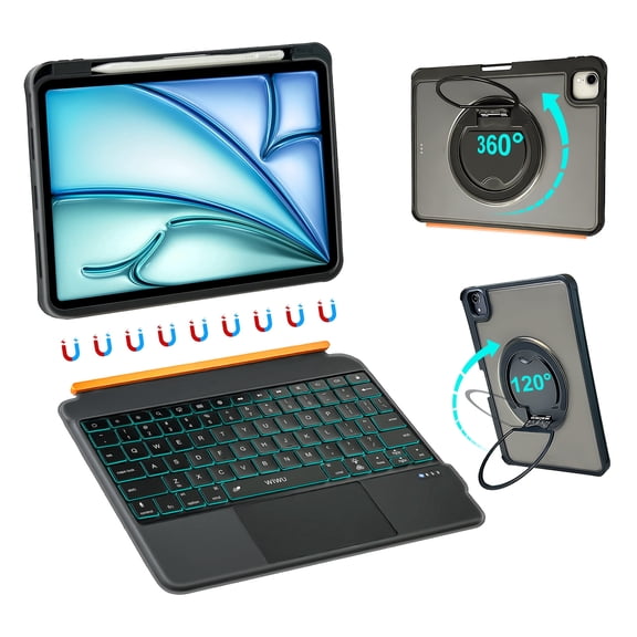 WIWU iPad Case with Keyboard Air 11 Inch M4 A16 10th Gen 360°Stand Magnetic Detachable Keyboard Case Backlit Keys Trackpad with Pencil Holder Black