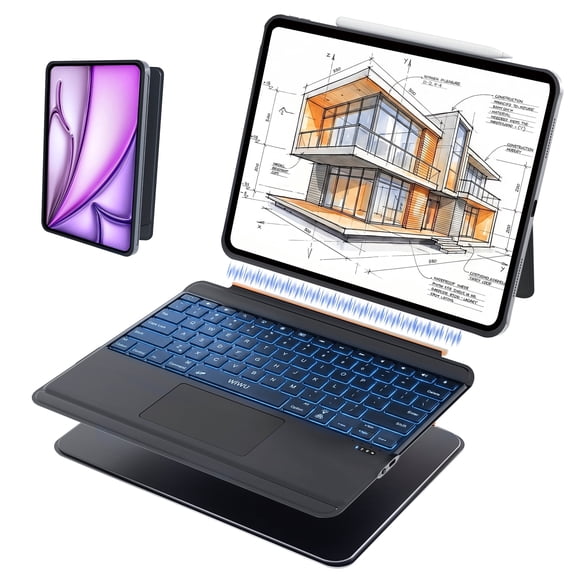 WIWU iPad Case Keyboard Air 13 Inch 3 in 1 Magnetic Detachable Case Keyboard Adjustable Stand 7 Colours Backlit Keys with Trackpad for iPad Air 13"M3/M2 iPad Pro 12.9 6/5/4/3 Gen