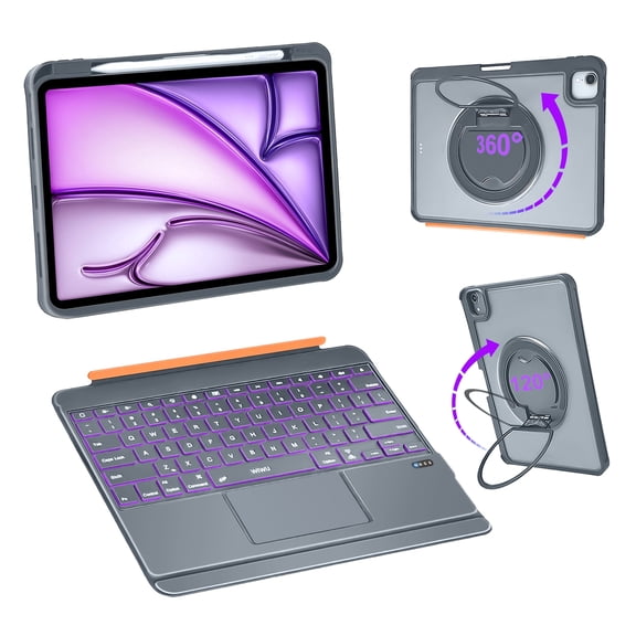WIWU iPad Case with Keyboard Air 13 M4 Pro 12.9 Inch 360°Stand Magnetic Detachable Case with Keyboard 7 Color Backlit Keys Trackpad with Pencil Holder Grey (for Air 13"(M3/M2) Pro 12.9" 6/5/4/3)