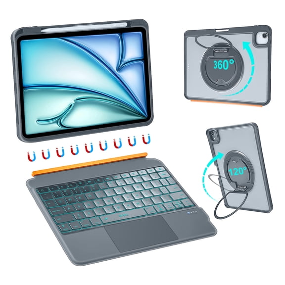 WIWU iPad Keyboard Case Air 11 Inch M4/M3/M2 10th Gen 360°Stand Magnetic Detachable case with Keyboard Backlit Keys Trackpad with Pencil Holder Grey (for iPad 11/10/Air 5/4/11"(M2/M3) Pro 11" 4/3/2/1