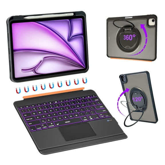 WIWU iPad Keyboard Case Air 13 Inch M4/M3/M2 2026/2025/2024 360° Stand Magnetic Detachable Case with Keyboard 7 Color Backlit Keys Trackpad with Pencil Holder Black (for Pro 12.9" 6/5/4/3)