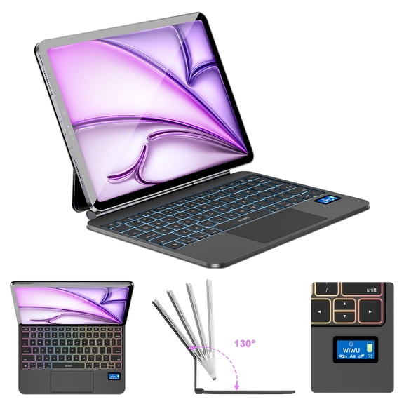 WIWU iPad Keyboard Case Air 13 Pro 12.9 Smart Display Magnetic Adjustable Stand 7 Color Backlit Silent Key Easy-Set Slim Keyboard Case Touchpad Black (for iPad Pro 12.9" (2018-2022) iPad Air 13" (202