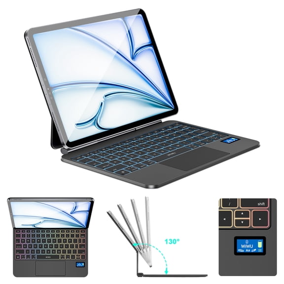 WIWU iPad Keyboard Case Air/Pro 11 Inch Smart Display Battery Level Magnetic Foldable Stand 7 Color Backlit Slim Case with Keyboard Trackpad Black(for iPad Air 5/4/11"(M2/M3)Pro 11"4/3/2/1)