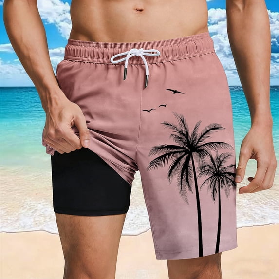 WIZUTIZ 2 in 1 Mens Coconut Tree Print Swim Trunks, Beach Bathing Suit Hawaiian Shorts with Compression Liner & Pockets