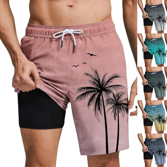 WIZUTIZ 2 in 1 Mens Coconut Tree Print Swim Trunks, Beach Bathing Suit Hawaiian Shorts with Compression Liner & Pockets