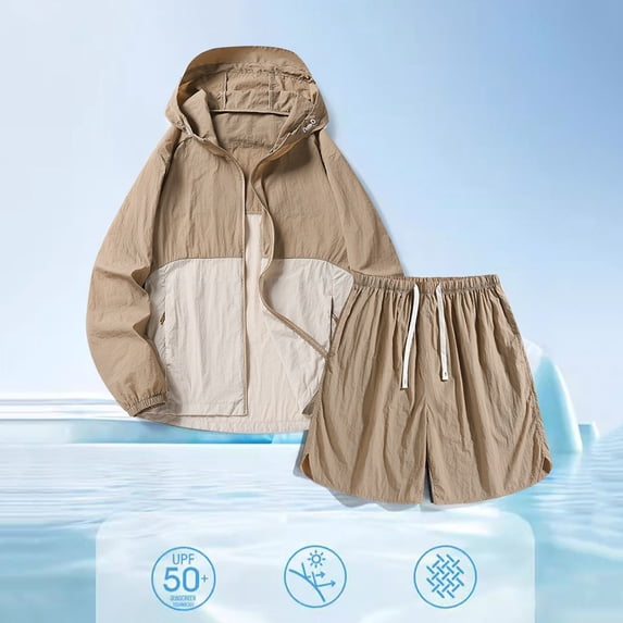 WIZUTIZ 2pc Men Full Zip UPF 50 Sun Protection Hoodie Jacket Long Sleeve Zipper Pocket Tops & Exercise Short Pant Elastic Suit