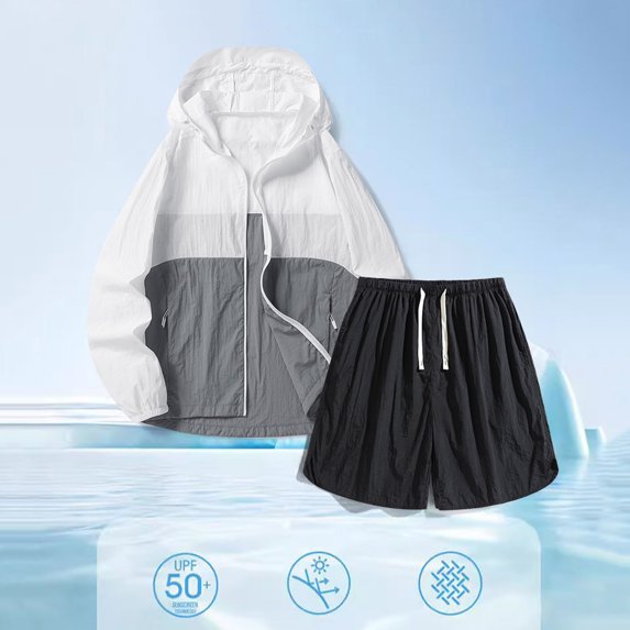 WIZUTIZ 2pc Men Full Zip UPF 50 Sun Protection Hoodie Jacket Long Sleeve Zipper Pocket Tops & Exercise Short Pant Elastic Suit