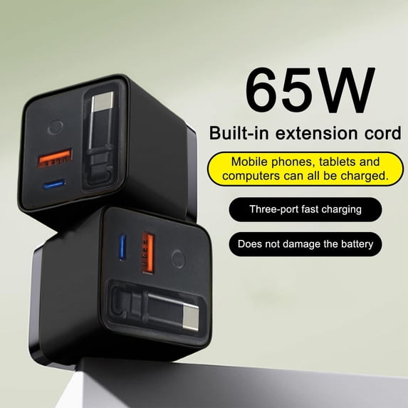 WIZUTIZ 3 In 1 65W Retractable Charger Wall Plug With Built In Type C Cable And 2 USB Ports Fast Charging Station Compact Foldable Power Adapter For Phone Tablet Laptop Travel Home
