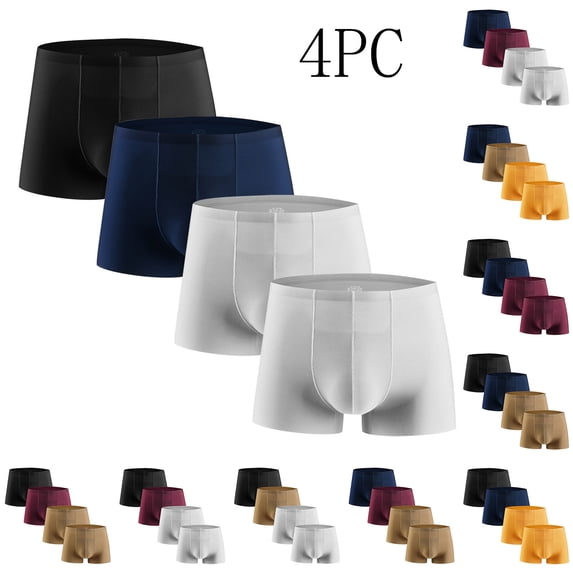 WIZUTIZ 4PC Boxers for Men Soft Breathable Ice Silk Lounge Boxer Solid Mid Rise Stretch Seamless Underpants Soft Comfortable