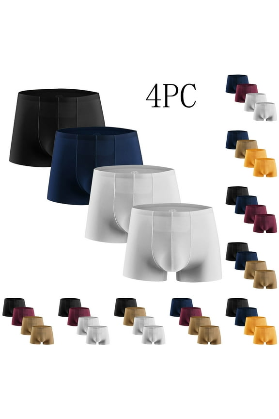 4PC Boxers for Men Soft Breathable Ice Silk Lounge Boxer Solid Mid Rise Stretch Seamless Underpants Soft Comfortable