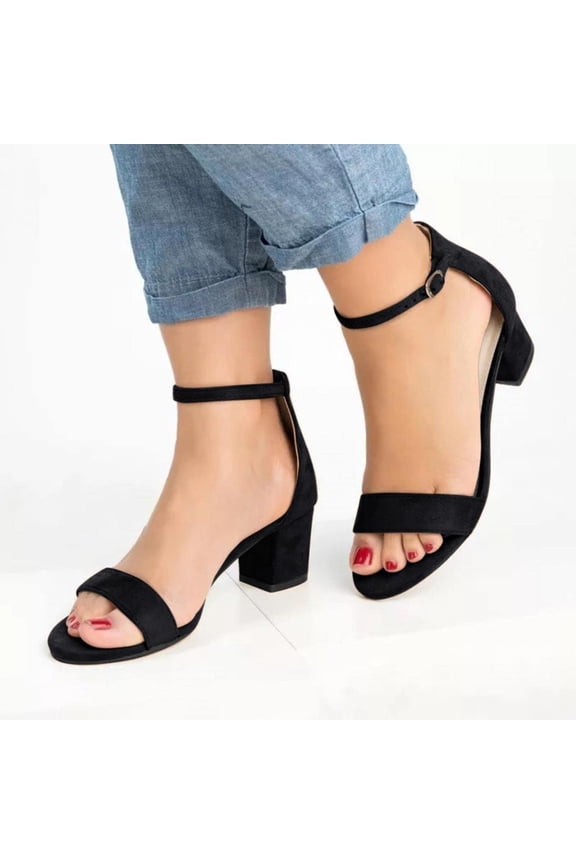 Ankle Strap Sandals for Women Peep-Toe Heels Block Heel Sandals Women's Sandals Comfortable Trendy Stretch Beach Sandals Pull-On Shoes Medium Solid Sandals Mother's Day Gifts Black