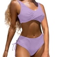 thumbnail image 1 of WIZUTIZ Bathing Suit for Women Wide Straps Mid Rise Push Up Slim Fit Swim Top with Bottom Tie Side Drawstring Solid Swimwear Sleeveless V-Neck Swimwear 2 Piece with Liner Vacation Purple, 1 of 5