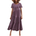 thumbnail image 1 of WIZUTIZ Beach Dresses for Women Flowy Stylish Pleated High Rise Tiered Dress Solid Shift Dress Short Sleeve Crew Neck Peplum Dress for Women's Ankle-Length Thin Dress Purple, 1 of 4