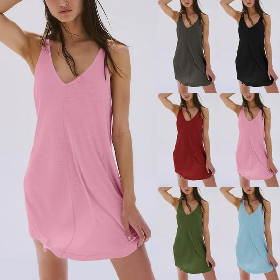 WIZUTIZ Beach Dresses for Women Relaxed Fit Baggy High Waist Knit Smocked Solid Shift Dress Sleeveless V-Neck Shift Dress for Women's Mini Dress Wrinkle-Free Club Dress Red