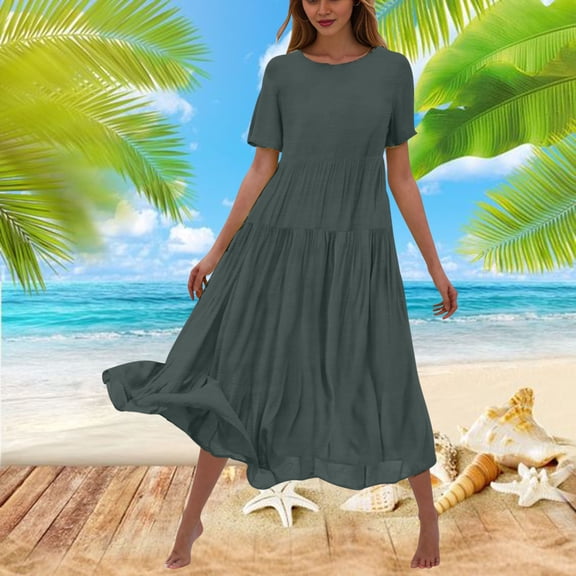 WIZUTIZ Beach Dresses for Women Swing Smocked A Line Dress Relaxed Fit Loose Fit with Liner Solid Vacation Dress Short Sleeve Crew Neck Peplum Dress for Womens Midi Dress Stretchy Dress Gray