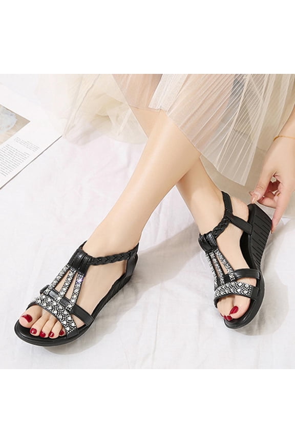 Beach Sandals for Woman Flat Sandals Gladiator Sandals for Women Womens Sandals Comfort Gym Elastic Jeweled Shiny Sandals Pull-On Summer Shoes Medium Solid Sandals for Ladies Vacation Black