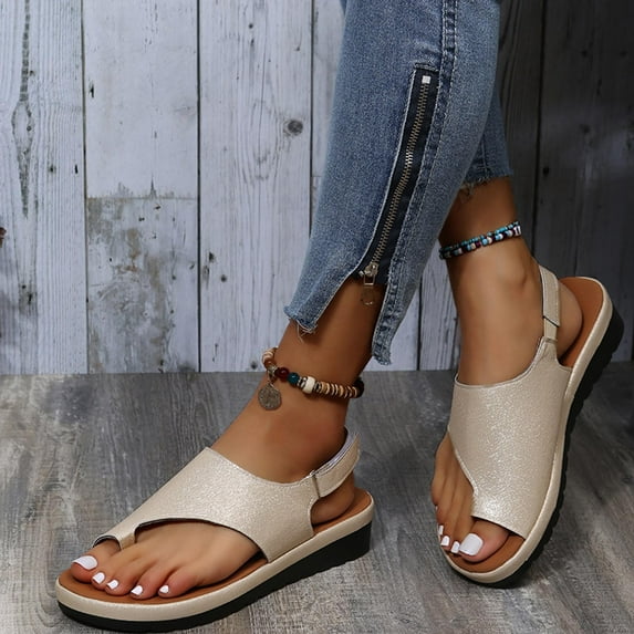 WIZUTIZ Beach Sandals for Woman Flat Sandals Heeled Sandals Split Toe Women's Sandals Dressy Comfort Elastic Beach Sandals Pull-On Shoes Medium Solid Sandals for Older Women Mother's Day Gifts Gold