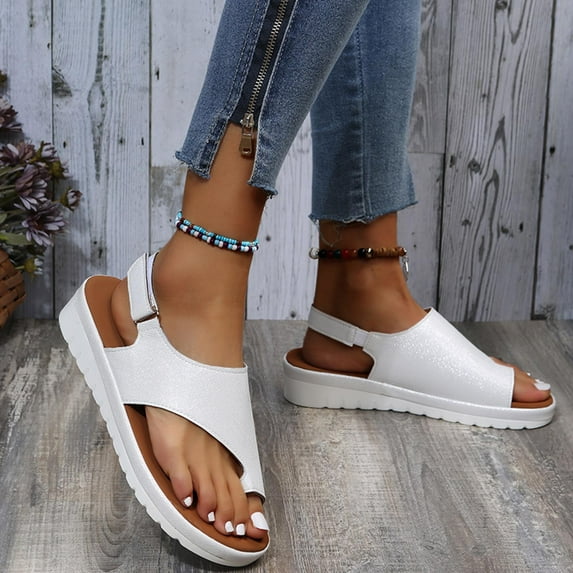 WIZUTIZ Beach Sandals for Woman Flat Sandals Heeled Sandals Split Toe Womens Sandals Party Comfortable Stretchy Beach Sandals Pull-On Summer Shoes Low Heel (1"-2") Wide Solid Sandals Beach Silver
