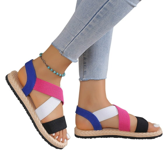 WIZUTIZ Beach Sandals for Woman Flat Sandals Sandals for Women 2025 Comfortable Dating Stretch Lace-Up Bandage Sandals Pull-On Shoes Medium Solid Sandals for Older Women Club Multi-Color