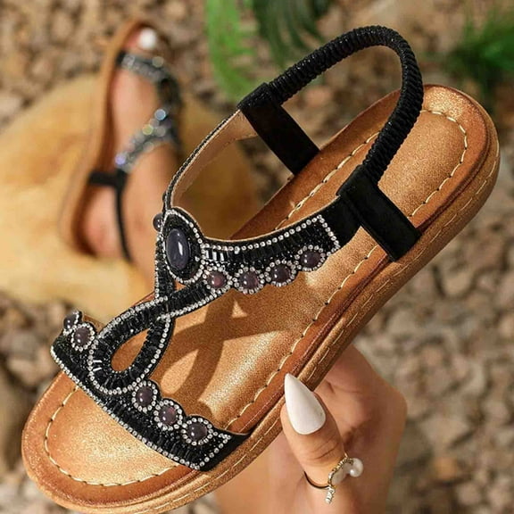 WIZUTIZ Beach Sandals for Woman Open Toe Bohemian Flat Sandals Hiking Sandals Women Stretch Trendy Comfortable Flowers Jeweled Sandals Pull-On Shoes Solid Sandals Mother's Day Gifts Black