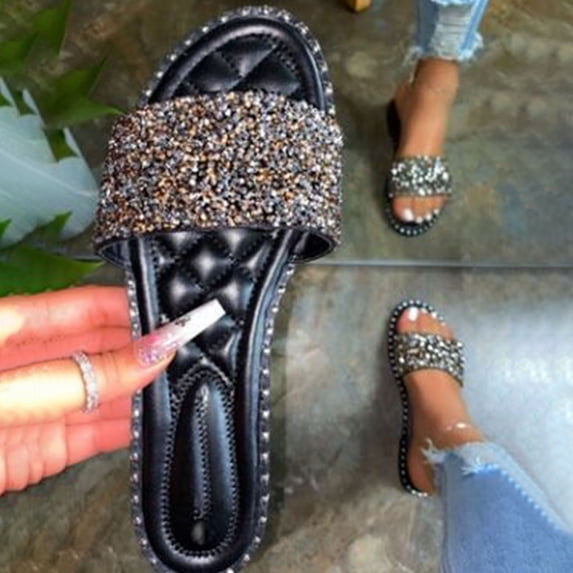 WIZUTIZ Bedroom Slippers Women Lightweight Casual Vintage Womens Slides Summer BOHO Jeweled Shiny Slip on Sandals Slip on Sandals Beach Slippers Outdoor Slippers for Lady