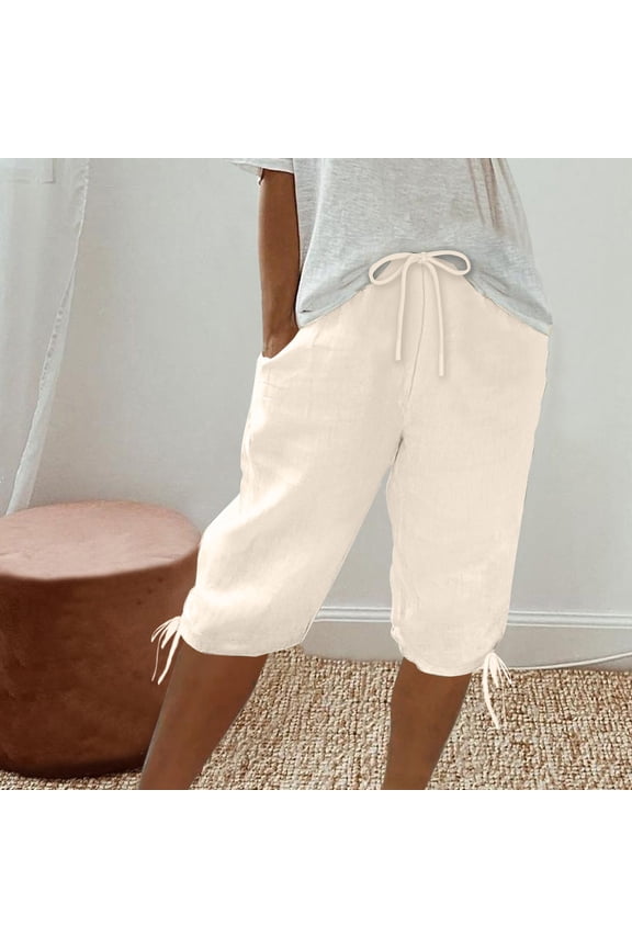 Bermuda Shorts Women Long Leisure Wide Leg Sports Baggy Shorts Mid Rise Solid Shorts Knee-Length with Pockets Jogging Tie Side Shorts for Ladies Fitness Street Beige Linen