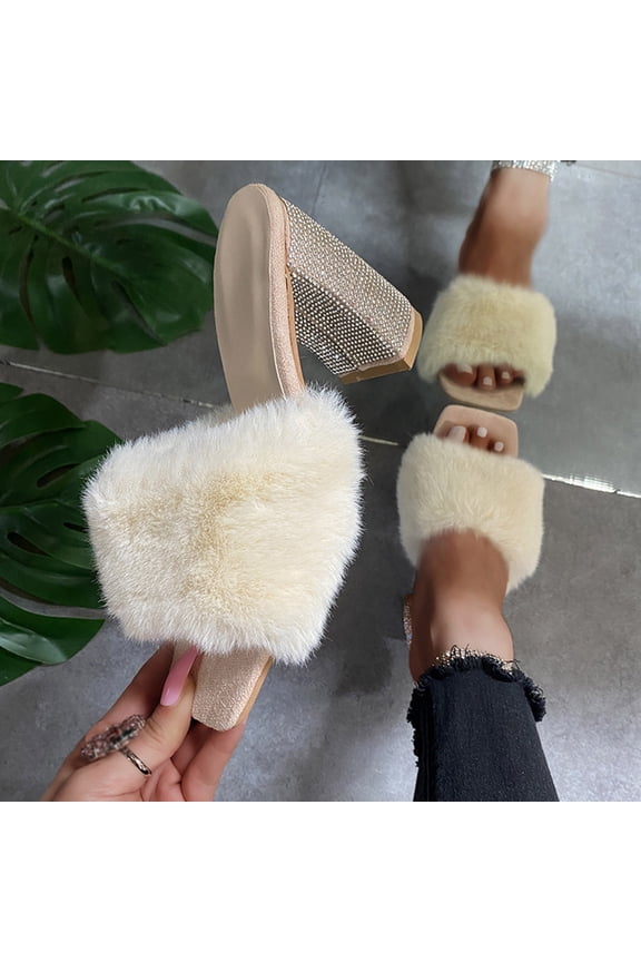 Block Heel Sandals for Women High Heels Slippers Sandals Women Comfort Cushion Elastic Plush Jeweled Sandals Pull-On Square Toe Shoes High Heel Wide Solid Sandals for Older Women Weekend Beige