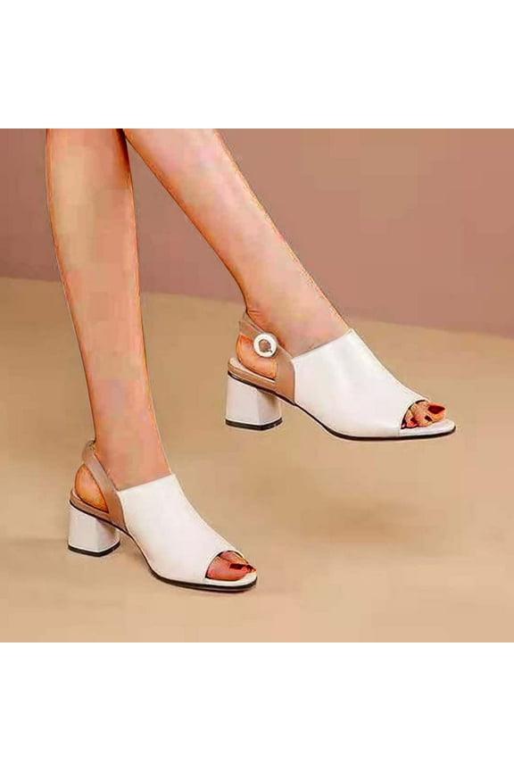 Block Heel Sandals for Women Hiking Sandals Women Elastic Indoor Comfortable Beach Sandals Buckle Summer Shoes Flat Heel (O"-1) Medium Color Block Sandals Mother's Day Gifts Beige