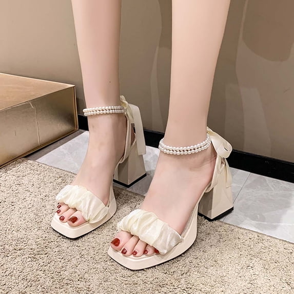 WIZUTIZ Block Heel Sandals for Women Peep-Toe Heels Open Toe Sandals Dressy Sandals Women Dressy Comfort Elastic Jeweled Lace-Up Peep-Toe Sandals Square Toe Shoes Solid Beige