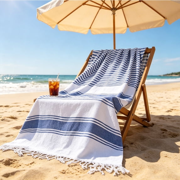WIZUTIZ Boho Striped Beach Towel with Tassels, Soft Absorbent Wrap Travel Towel,for Pool Camping Picnic Gym and Bath, Outdoor Summer Essentials and Home Comfort,39.4*70.9in,Navy