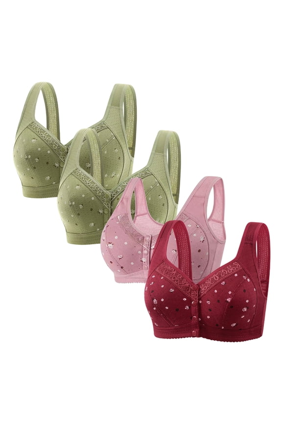Bras for Women Front Closure Bralettes for Women Plus Size 4-Pack Push up Bralettes Wireless Lift Classic Full Coverage Bras Solid Embroidered Underwear for Ladies Hiking L Green