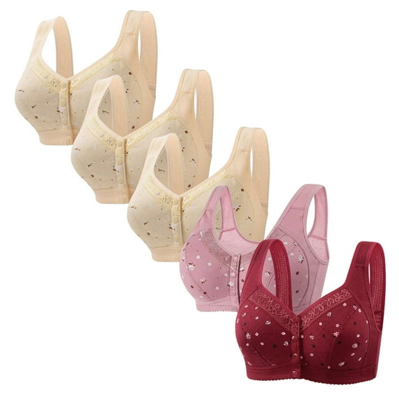 WIZUTIZ Bras for Women Front Closure Bralettes for Women Plus Size 5-Pack Supportive Bralette Wirefree Posture Correcting Casual Full Coverage Bras Solid Embroidered Underwear for Lady Hiking S Beige