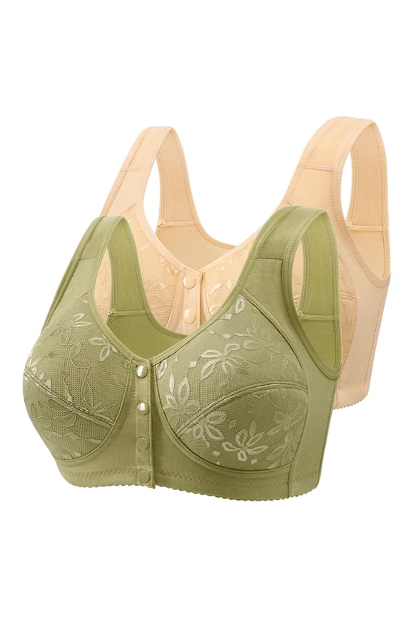 Bras for Women Front Closure Bras for Women Pack 2-Pack Push up Bras No Underwire Plunging Retro Full Coverage Bralette Floral Print Embroidered Underwear for Older Women Swim XL Beige
