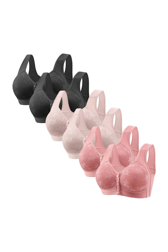 Bras for Women Front Closure Bras for Women Pack 6PCS Push up Bralettes Wirefree Underarm Smoothing Leisure Full Coverage Brassiere Floral Print Embroidered Underwear for Ladies XXXXL Pink