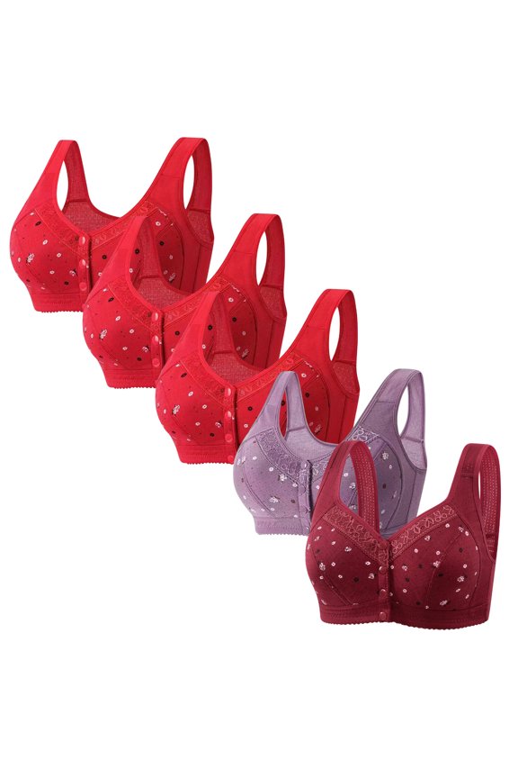 Bras for Women Front Closure Compression Bra for Women 5-Pack Supportive Bras Wireless Lift Retro Full Coverage Bras with Wide Straps Solid Embroidered Underwear for Lady Sports XXXXL Red