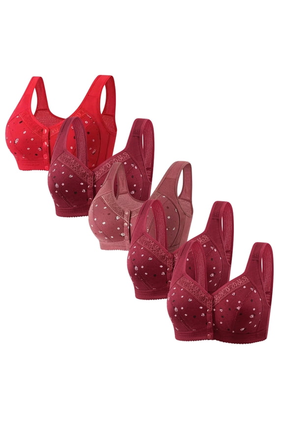Bras for Women Front Closure Compression Bra for Women 5-Pack Supportive Bras Wireless Underarm Smoothing Retro Full Coverage Brassiere Solid Embroidered Underwear for Lady Athletic XXXL Red