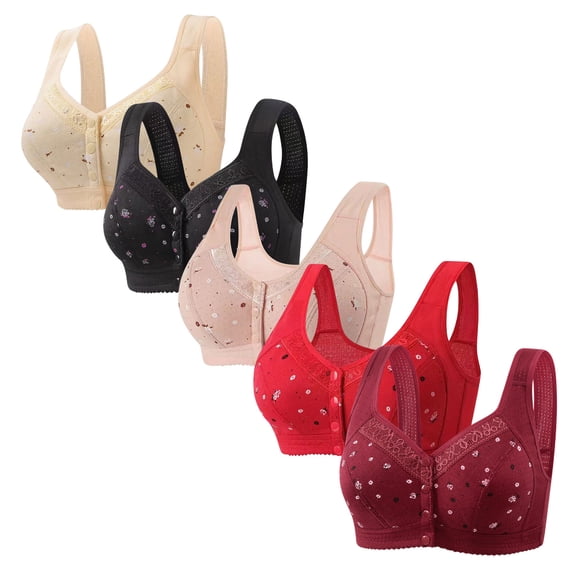 WIZUTIZ Bras for Women Front Closure Plus Size Bras for Women 5PCS Supportive Bralette Wirefree Deep Cup Breathable Full Coverage Bras Solid Embroidered Underwear for Lady Hiking L Beige
