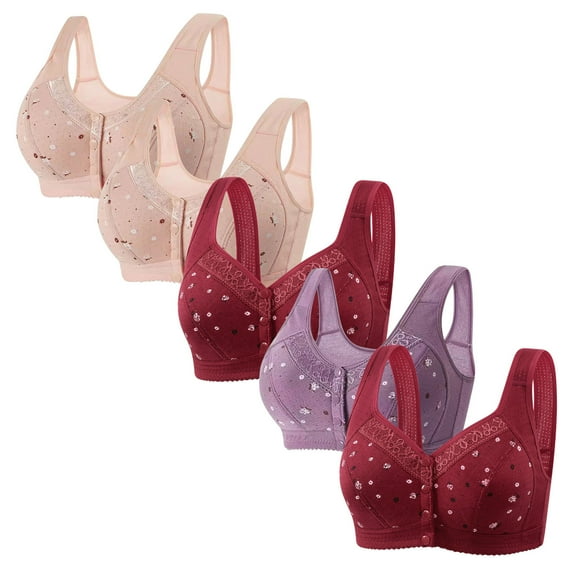 WIZUTIZ Bras for Women Front Closure Plus Size Bras for Women 5PCS Supportive Bras No Underwire Lift Plus Size Full Coverage Bralette Solid Embroidered Underwear for Ladies Tiktok Trend Items M Pink