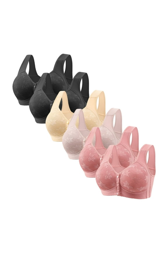 Bras for Women Front Closure Supportive Bras for Women 6PCS Push up Bras No Underwire Plunging Classic Full Coverage Brassiere Floral Print Embroidered Underwear for Ladies XXXL Pink