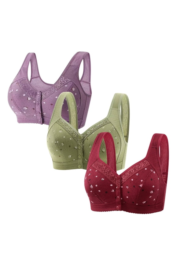 Bras for Women Front Closure No Underwire Bras for Women 3PCS Push up Brassiere Wireless Deep Cup Comfortable Full Coverage Brassiere Solid Embroidered Underwear for Lady Hiking XXXL Purple