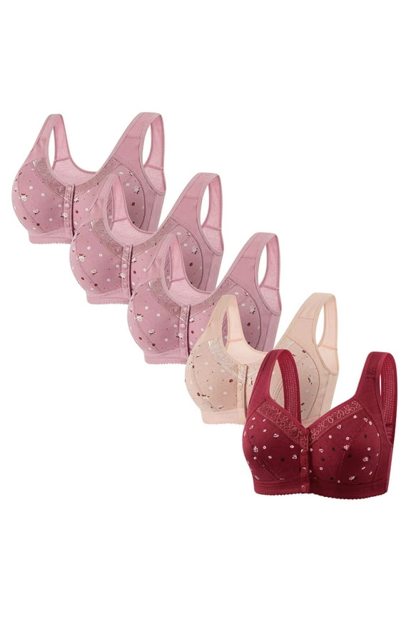 Bras for Women Front Closure No Underwire Bras for Women 5PCS Supportive Bras No Underwire Deep Cup Retro Full Coverage Bras Solid Embroidered Underwear for Older Women Hiking XXL Pink