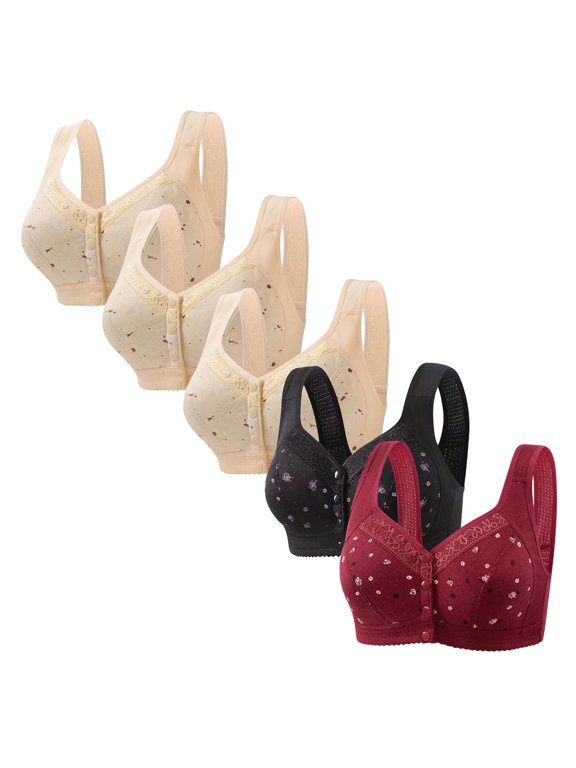 Bras for Women Front Closure Wireless Bras for Women 5-Pack Supportive Bralettes Wirefree Underarm Smoothing Vintage Full Coverage Bras Solid Embroidered Underwear for Lady Workout S Beige