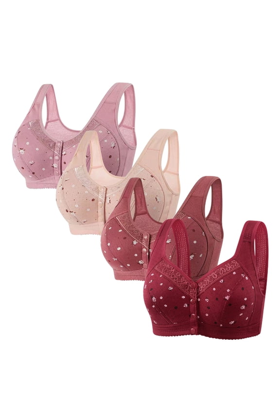 Bras for Women Front Closure Womens Bralettes 4-Pack Supportive Bralette Wireless Deep Cup Retro Full Coverage Bralette Solid Embroidered Underwear for Ladies Fitness XXXXL Pink