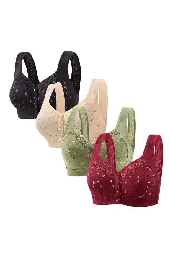 Bras for Women Front Closure Womens Bralettes 4PCS Push up Bras Wirefree Posture Correcting Softly Full Coverage Bralette Solid Embroidered Underwear for Lady Workout XXXL Black